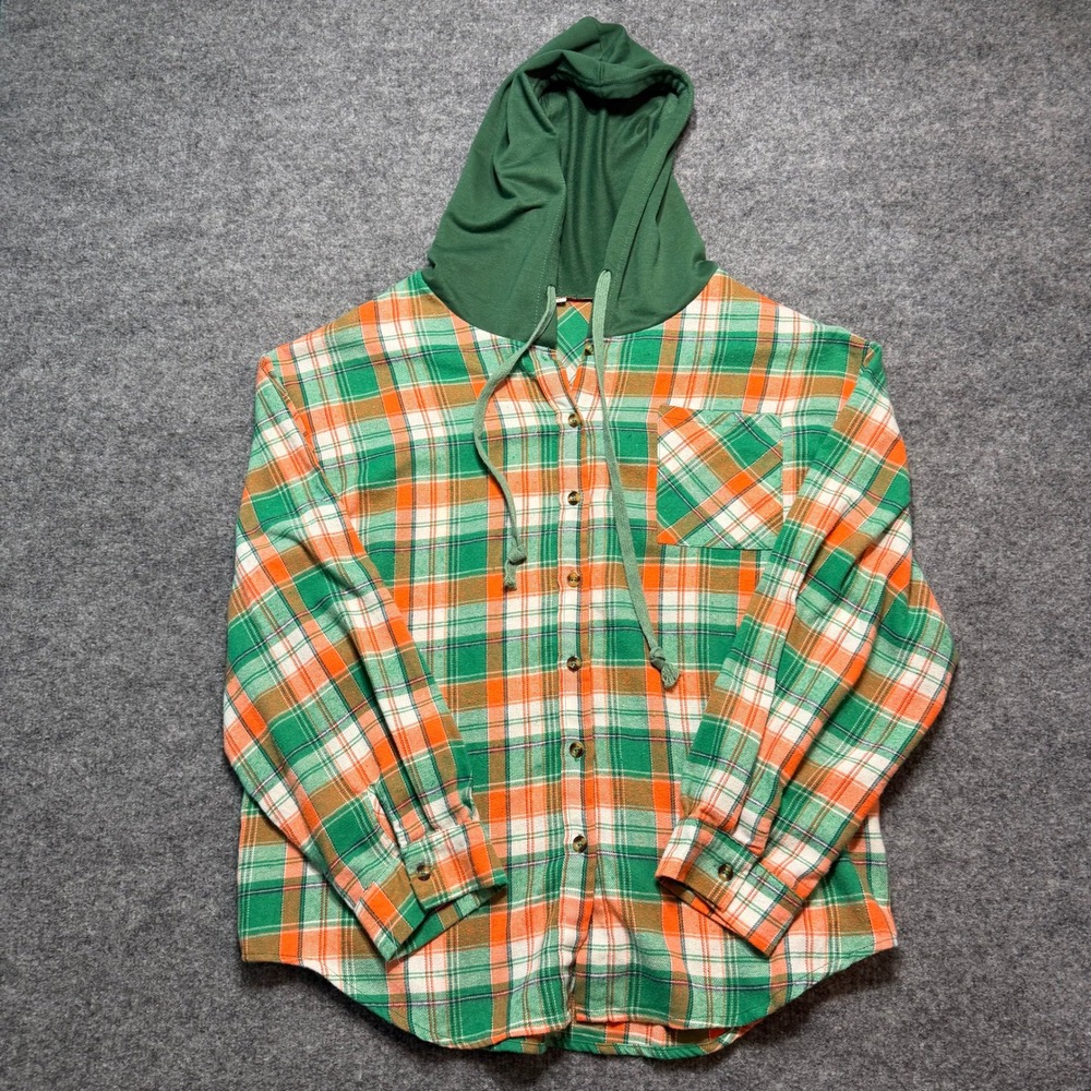 Unbranded Green Orange Plaid Hooded Flannel Shirt Long Sleeve Button Down XL